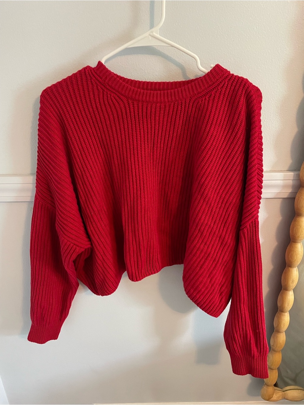 Cotton Candy Red Ribbed Cropped Crewneck Sweater